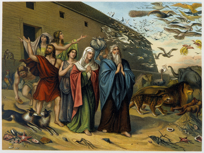 After the flood, Noah, his family and animals come out of the ark - in “Aurea Bibbia classica: storia della rivelazione divina nell'antico e nel nouvo tesiamento”” by Giovanni Ladislao Sykora (vol. 1), translated by Don Clemente Benetti. (Italian Bible)