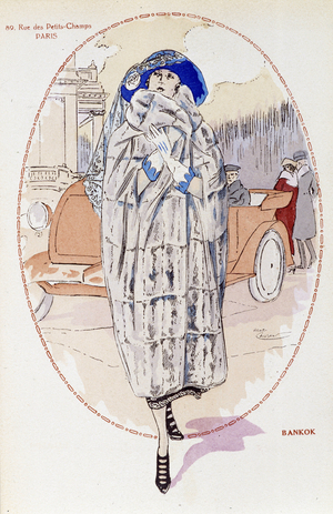Woman presenting a fur coat for New Year's Eve, 1920s. Drawing by Henri Causon.