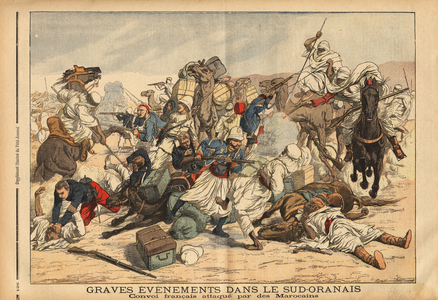 A French convoy of the foreign legion was attacked and massacred, near the oasis of Figuig, in Ksar el Azouz (South Oranese), by an elusive gang of Moroccan looters with rifles. Engraving in "Le petit journal" 19/4/1903. Selva Collection.