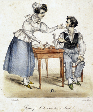 Woman watching the result of a man who just shaved his beard, 19th century.