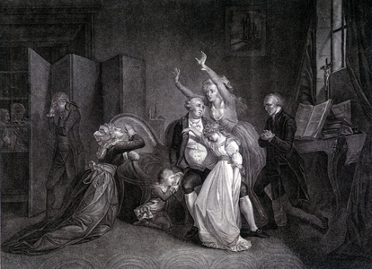 The last interview of Louis XVI with his family (Marie Antoinette and Louis XVII). Engraving of the 19th century.