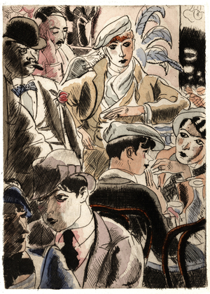 A Parisian cafe between the two wars, drawing by Andre Dignimont (1891-1965), Eaux-forte in “Jesus la quaille” by Francis Carco (1886-1958), Edition Hazan, Paris, 1929.