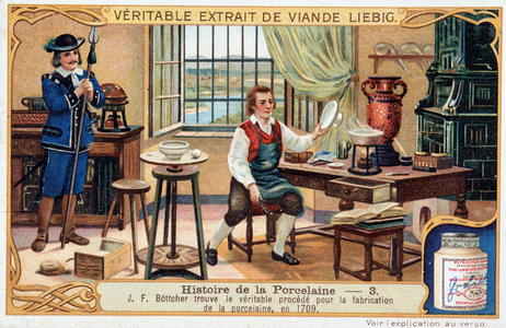 History of porcelain: Johann Friedrich Bottger (Bottcher or Bottiger) (1682-1719) finds the true method for making porcelain in 1709 - Liebig chromolithography, 19th century