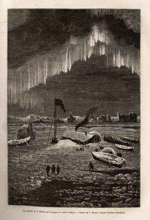 After the abandonment of their ship, the crew of La Hansa built a camp on a derive glacon, illuminated by the aurora boreale, engraving after the drawing of J.Moynet, illustrating the voyage of the ships La Germania and La Hansa to the North Pole, in 1869-1870, by Captain Hegemann, published in “Le tour du monde”” 1874, under the direction of EDouard Charton, edition Hachette, Paris. Selva Collection.