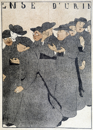 Cortege of priests (defense of urinating). In "L'plate au beurre", beginning of the 20th century. Cartoon on the separation of Church and State.