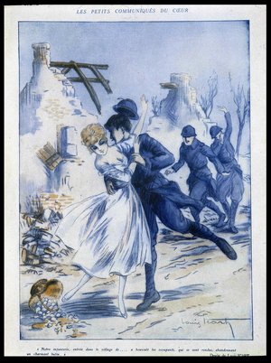 Soldiers entering the city, one kissing a woman, “” charming spoil””, Illustration by Louis Icart (1888-1950) In “” Fantasio”” 15/12/1915