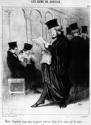 Maitre Chapotter reading in a judicial journal the praise of himself by himself, taken from the “Gens de Justice”, series of cartoons on Justice by Honore Daumier (1808-1879). “Charivari”, 1846.