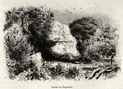 La grotte Napoleon, ou Napoleon Bonaparte (1769-1821) aimait se refugier enfant pour etudier et mediter. Gravure et recit ""La Corse"" par Gaston Vuillier (1845-1915), en 1890, in Le tour du monde, nouveau journal des voyages, sous la direction de Edouard Charton (1807-1890), 1er semestre 1891, edition Hachette, Paris. 