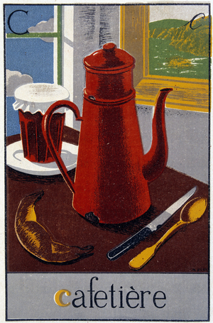 C as Coffee Maker: the coffee maker on the breakfast table with a croissant and jam - in “” Images alphabetiques, first easy readings””, by René Verplancken, ill. by Henri Poey. Sd. late 19th - early 20th century, ed. Instructa