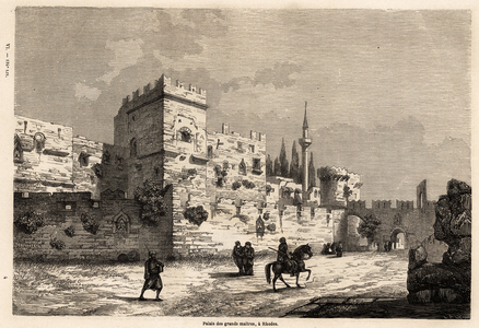 The palace of the great masters in Rhodes, drawing by Eugene Flandin, to illustrate his journey to the island of Rhodes in 1844. Engraving in “” Le tour du monde””, edited by Edouard Charton, 1862. Selva's collection.