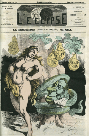 The temptation, the Republic-Eve tempted by the Orleans-Snake. Cover in “” L'Eclipse”” by Gill, December 17, 1871, Paris.