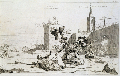 Cartoon depicting Mademoiselle de Montpensier (Grande Mademoiselle) “” sweeping out of France Mazarin et ses partisans””, 17th century.