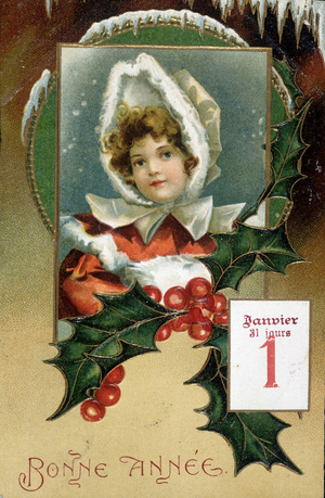 Greeting card: “” Happy New Year”” (girl with holly) - postcard, n.d., early 20th century