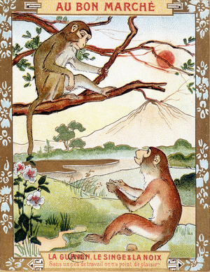 The monkey and the nut (Fable de La Fontaine) - advertising vignette du Bon Marché, 1904