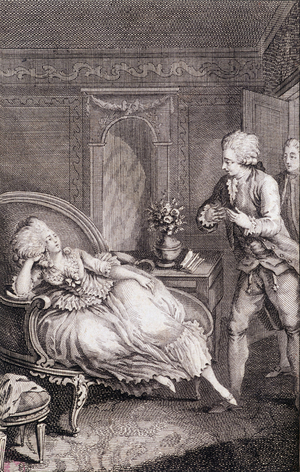 Gentilhomme declaring his love to a lady languishing on a shepherdess - in “” Les francaises ou 34 examples chosen in the current mores suitable to lead daughters, wives, mothers”” by Restif de La Bretonne (1734-1806), ill. by Binet, Neufchatel, 1786