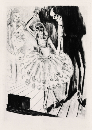 Dance Macabre. Engraving by Raphael Drouart (1894-1972) for “” L'Eve future””, 1925, by Jean Marie Mathias Philippe Auguste, count of Villiers de L'Isle Adam (L'Isle-Adam) (1838-1889). Rights reserved