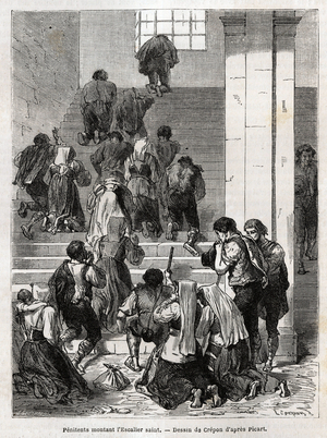 Catholic penitents ascending the holy staircase to Rome. Engraving to illustrate the story of Ludovic Celler; the Holy Week in Rome, 1863, in “” Le tour du monde, nouveau journal des voyages”” published under the direction of Edouard Charton, 1867, Paris. Selva Collection.