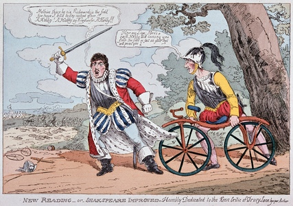 Dessin humoristique anglais sur la ""bicyclette militaire"", 1819 - in ""Le cyclisme théorique et pratique"" par Baudry de Saulnier