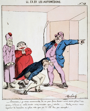 HE. EX. EX. Motoredons: Cartoon of transport in the city. The coach who gets impatient downstairs will pick up his passenger who is away longer than he anticipated. Drawing by Moloch (1849-1909), around 1860.