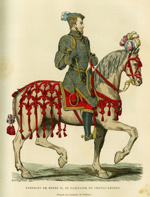 Portrait of Henry II (1519-1559) King of France from 1547, in a light horse suit of the guard. Colour engraving after Wilhem's antiiquites, in “France et les francais a travers les siecles” by Augustin Challamel, F.Roy editor, Paris 1882. Selva Collection.