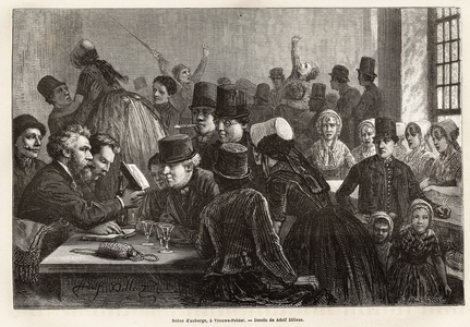 Scene d'auberge, a Vrouwe-Polder ( Vrouwe Polder), gravure d'apres le dessin de Adolf Dillens, illustrant un voyage a la Zelande ( Neerlande), en 1873, par Charles de Coster, publie dans "" Le tour du monde"" 1874, sous la direction d'Edouard Charton, edition Hachette, Paris. Collection Selva. 