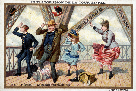 Une ascension de la tour Eiffel : au 2eme étage, un zéphir rafraîchissant - chromo. Liébig, déb. XXème siècle