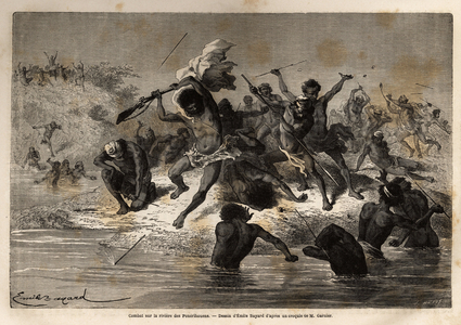 Battle on the river (between Houindo and Ponerihouan tribes), located in northern New Caledonia. Engravure pour illustrrer le voyage à la Nouvelle Caledonie, by Jules Garnier, civil engineer of mines, in 1863-1866, published in “Le tour du monde, nouveau journal des voyages”, edited by Edouard Charton, 1868, Paris. Selva Collection.