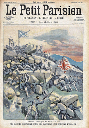 Siege of Port Arthur by Japanese army troops,  in " Le petit Parisien””, on the 28/08/1904 (engraving)
