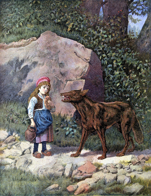 Little Red Riding Hood Meeting the Wolf in the Forest - in “” Les Tales de Perrault””, 19th century