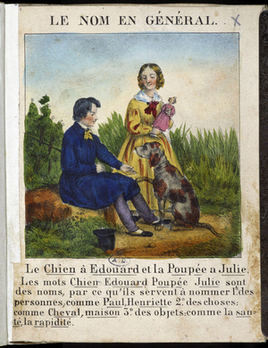 Le nom en général (un garçon avec un chien et une fillette avec une poupée)- in ""La grammaire en images"", 1850