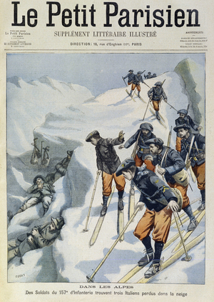 In the Alps: soldiers of the 157th infantry find three Italians lost in the snow - in " Le petit Parisien”” of March 1905 (engraving)