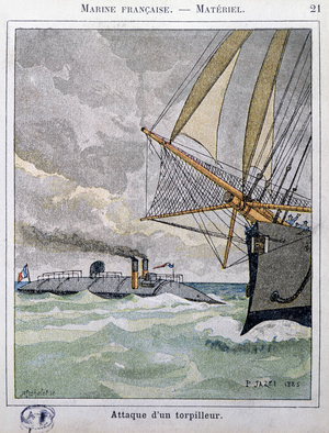 Attack of a torpedo - Serie marine francaise, drawing by P. Jazet, chromo., 1885