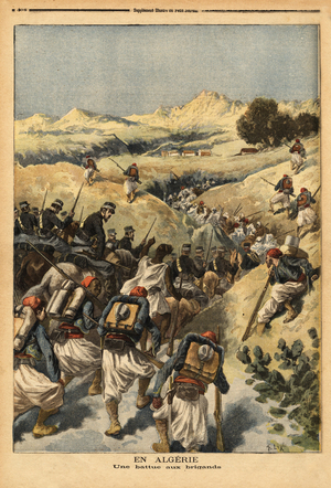 In Algeria, a battalion organized by a whole battalion of Zouaves, reinforced by the cavalry, to capture Areski ben Bashir, three times sentenced to death by the Algiers court. Engraving in “” Le petit journal”” 23/12/1893. Selva's collection.