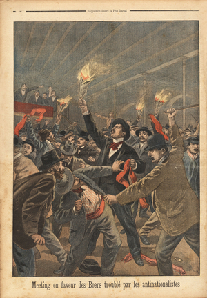 Meeting in support of the Boers of Transvaal, organized by the action committee of French youth, in Paris, troubled by anti-nationalists, who transformed the meeting into a tidy fight, threatening even to burn the room with improvised newsprint torches. Engraving in "le petit journal" 7/1/1900. Selva Collection.