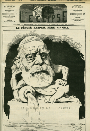 Portrait of Francois-Vincent Raspail (1794-1878), French chemist, doctor, and politician. Cover in “” L'Eclipse”” by Gill, April 2, 1876, Paris.