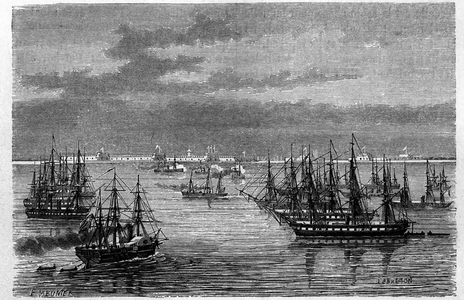 View of the French Anglo squadron in the mouth of the Hai He River in the Bohai Sea in Tanggu, China. Engraving by Lebreton, in “” Le Tour du Monde, Nouveau journal des Voyages””, edited by Edouard Charton, Paris, 1864.