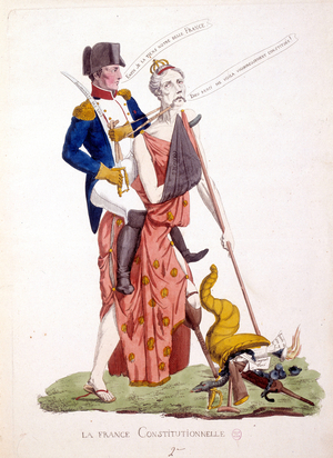 Cartoon depicting Napoleon I riding on Constitutional France: it declares “Thank God, I am vigorously constitutioned” while the Emperor says “” Finally I hold it our beautiful France. France wears a scarf arm, symbol of the colonies, and a wooden leg representing Belgium - in “Napoleon 1er, caricatures, dummy collection”, c. 1814. BHVP
