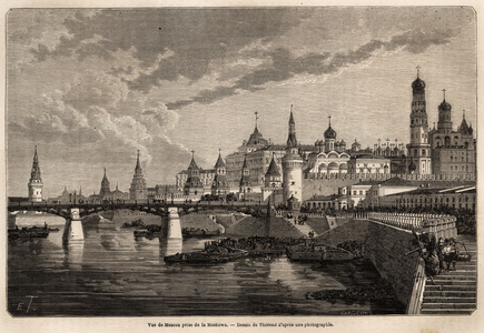 General view of Moscow, taken from the Moskowa, drawing by Therond, to illustrate the journey from Shanghai to Moscow, from 1859 to 1862, of M. de Bourboulon, Minister of France to China. Engraving in “” Le tour du monde””, edited by Edouard Charton, 1865. Selva's collection.