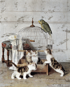 Kittens play in the cage of a parakeet - by Lambert, 19th century