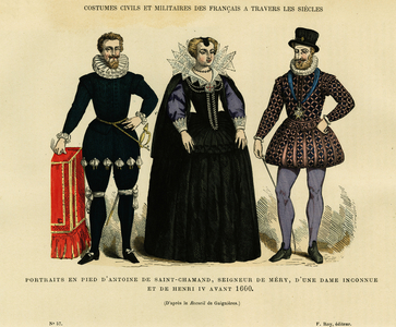 Portraits avant 1600, d' Antoine de Saint Chamand, seigneur de Mery sur Oise, et du roi de France Henri IV ( 1553-1610), entourant une femme inconnue. Gravure en couleurs d'apres le dessin de Gaignieres, in ""la France et les francais a travers les siecles"" par Augustin Challamel, F.Roy editeur, Paris 1882. Collection Selva. 