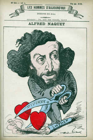 Portrait of Alfred Naquet (1834-1916), a French doctor, chemist and politician, he re-established the law authorizing divorce in 1884. Cartoon by Gill, Paris.