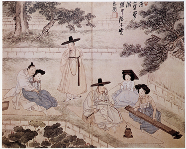 Music, fumery and couple in a garden, Korea - by Hye-Wol, Yi dynasty