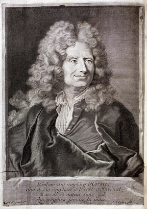 Portrait of Nicolas Boileau, also known as Boileau Despreaux (Boileau-Despreaux) (1636-1711) poet, writer. Engraving to illustrate the Works of M. Boileau Despreaux, with historical illuminations, Volume 1, edition Fabre et Barillot, 1735, Geneva.