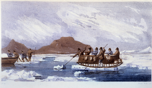 The “Novel” ferry on the icy banks of the Arctic. In “The last of the Artic voyages... during the years 1852, 1853, 1854” by Sir Edward Belcher, 1855.