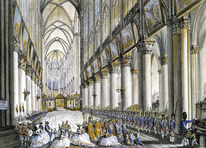 Internal view of Notre-Dame de Paris, at the arrival of Marie Antoinette (1755-1793), Queen of France, to attend the famous mass for the birth of her son, the future Louis XVII (1785-1795). Engraving 18th century.