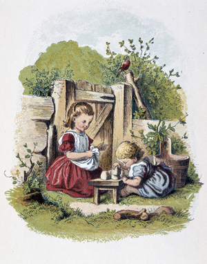 Jeu de Caillou dans ""Schnik, schnak, trifles for the little ones"", les jeux d'enfants. ed. London- Georges Ronthedge and sons. New York, The broad way Ludgate s.d. vers 1890.