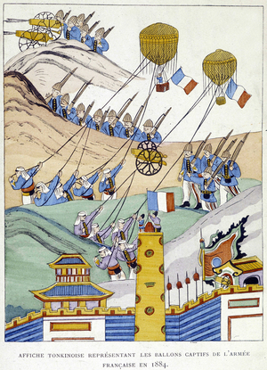 Tonkinese poster depicting the captive balloons of the French army in 1884.