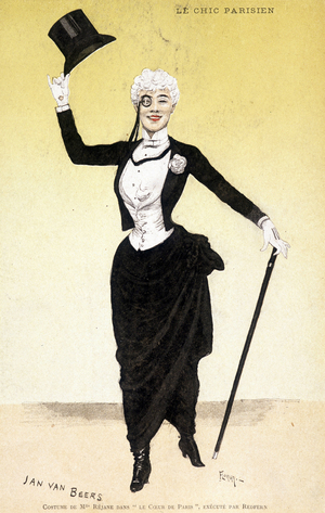 The Parisian chic (dandy - dandysme): Mademoiselle Réjane's costume in “The heart of Paris””. Costume by fashion designer Jan Van Beers (1852-1927), executed by Redfern. Drawing by Florian.