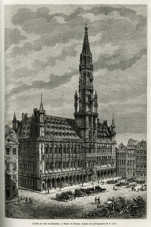 Brussels City Hall. Barclay's engraving, to illustrate the story of Belgium by Camille Lemonnier, published in the tour du monde, under the direction of Edouard Charton (1807-1890), Paris, 1881. Selva Collection.