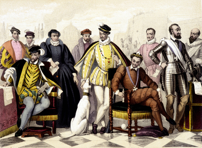 Les Valois - De 1547 à 1589. Henri II, Catherine de Médicis (Caterina de Medici), Charles IX, Henri III, Henri IV. Gravure du 19eme siecle. 